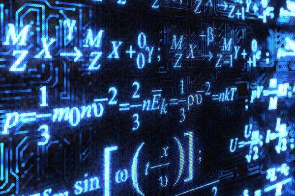 mathematic formulas on a computer display, blue text on black screen