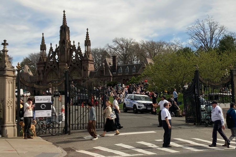 Crowds gathered on the lawn of a cemetery to view the partial solar eclipse