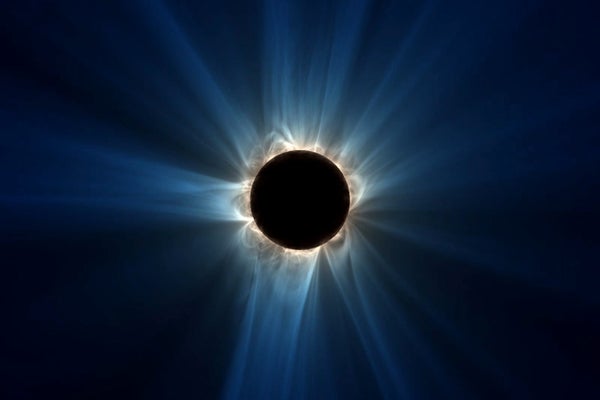 A visualization of how the predicted magnetic field structure of the solar corona will appear on eclipse day, April 8, 2024.