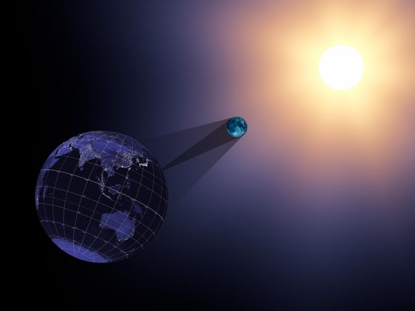 In an illustration of total solar eclipse geometry, the lines on a diagram show the moon's shadow, or umbra, in dark gray and its partial shadow, or penumbra, in light gray